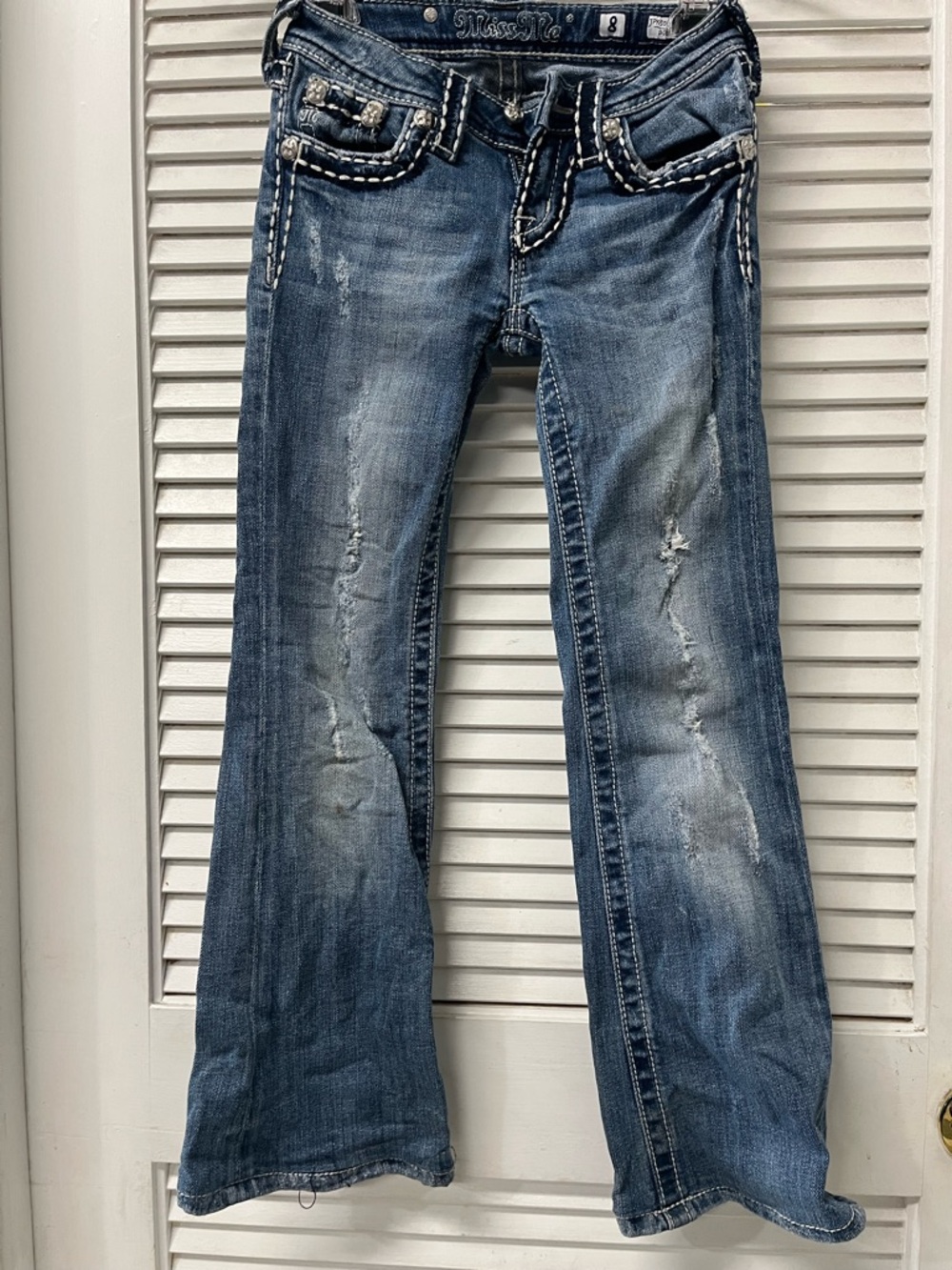 Miss Me Distressed Flare Jeans in Faded Blue✨